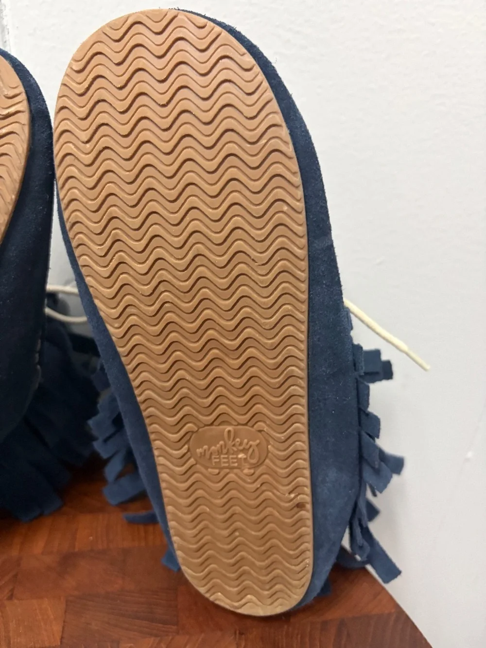 Monkey Feet Blue Fringe Moccasins Girl/Boy Size 7-8Y